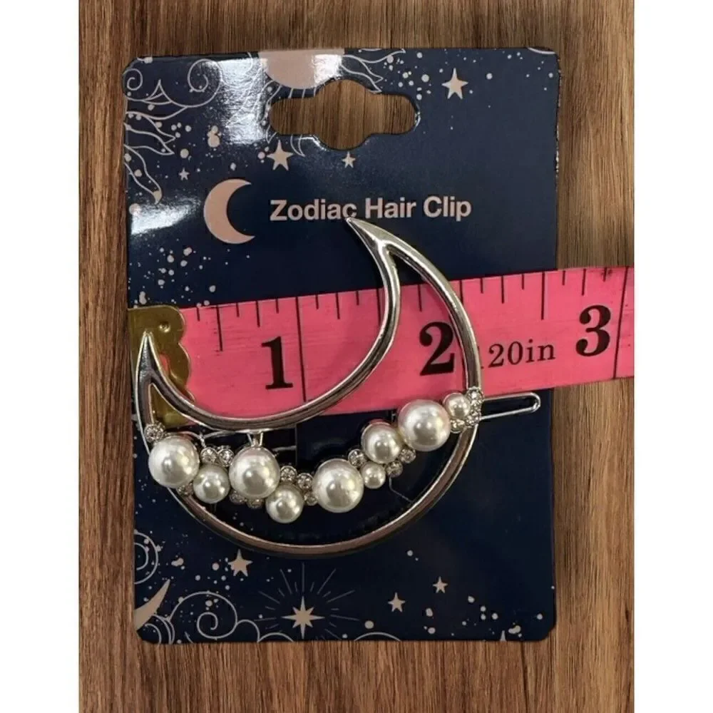 NWT 2 Inch Zodiac Gold Plated Metal Imitation Pearl Half Moon Hair Clip Barrette